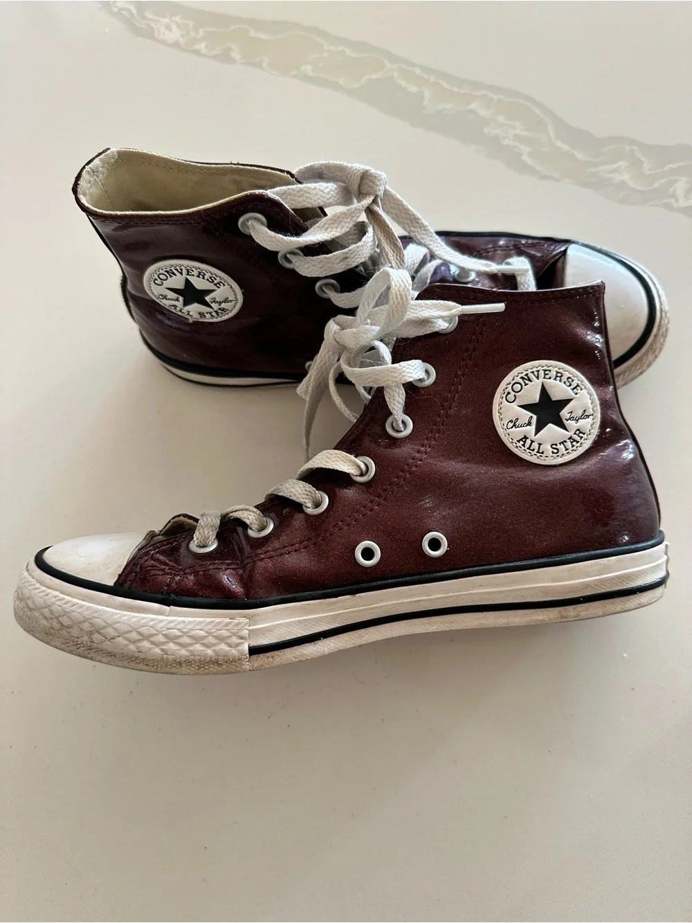 Ruby Red GLITTERY Converse High Top Sneakers Ruby Red and White